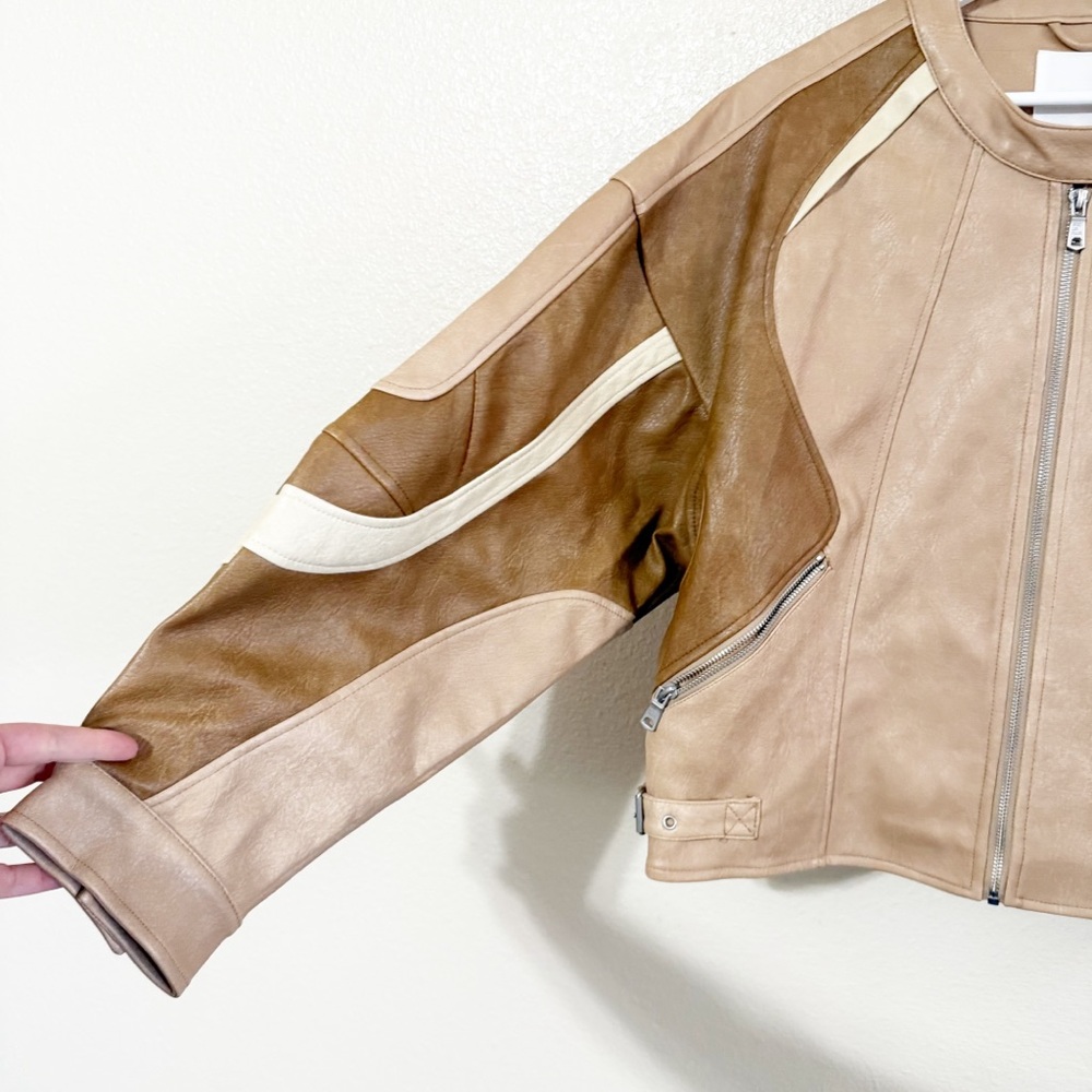 Avec Les Filles Faux Leather Racing Moto Bomber Colorblock Jacket NEW size Large - Picture 10 of 14